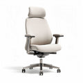 Ergonomic office chair with adjustable headrest and fabric upholstery in beige