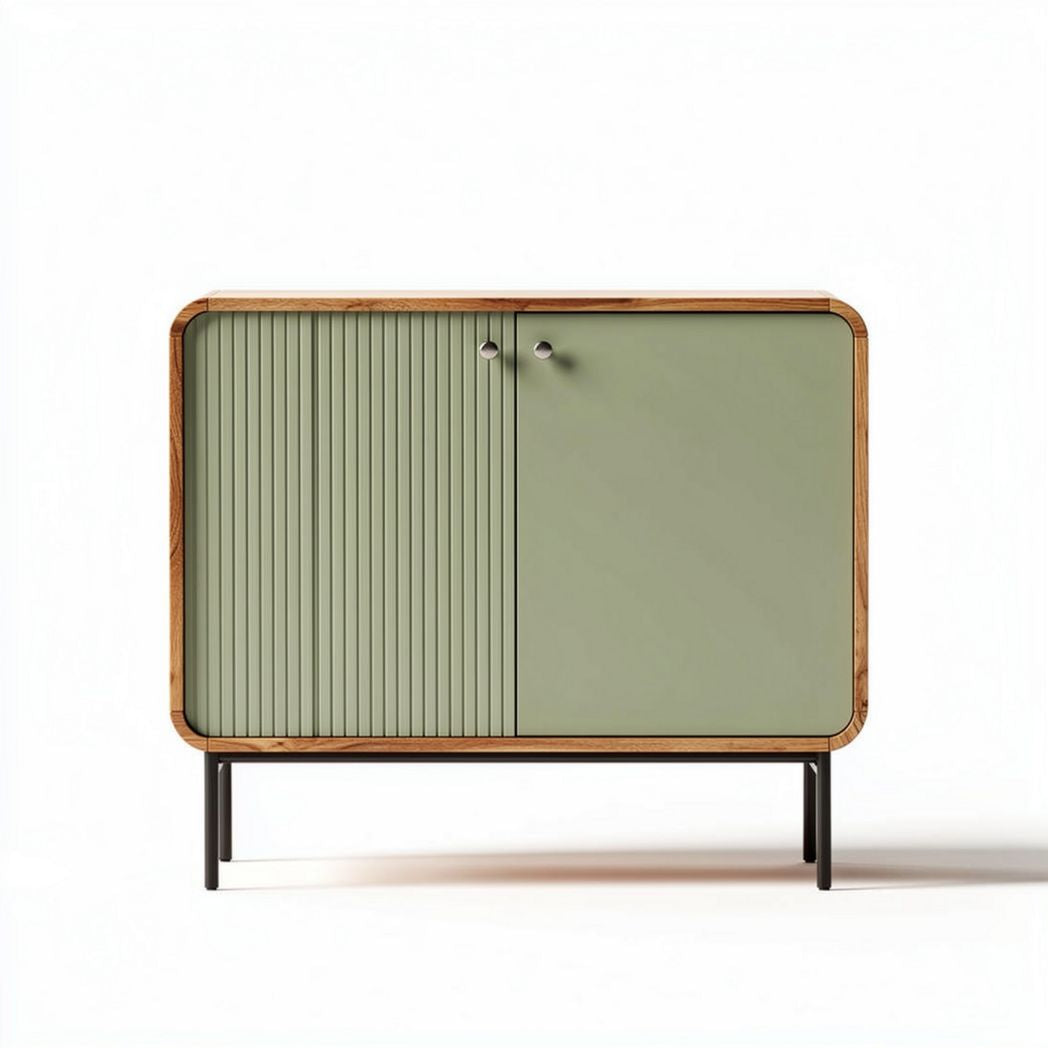 Green wooden cabinet with ribbed doors and black metal legs 90 x 40 x 80cm