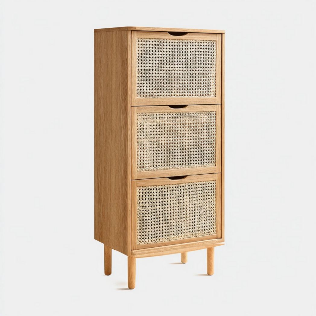 Wooden nightstand with three fabric drawers in natural color 45 x 40 x 70cm