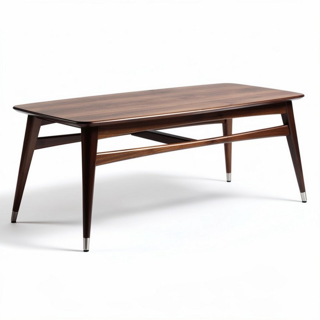 Mid-century modern coffee table in walnut finish with dimensions 120 x 60 x 45cm
