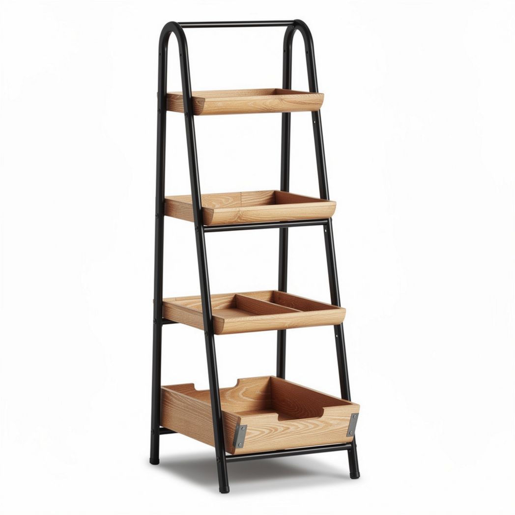 Metal framed ladder shelf with four wooden storage trays 180 x 50 x 40cm