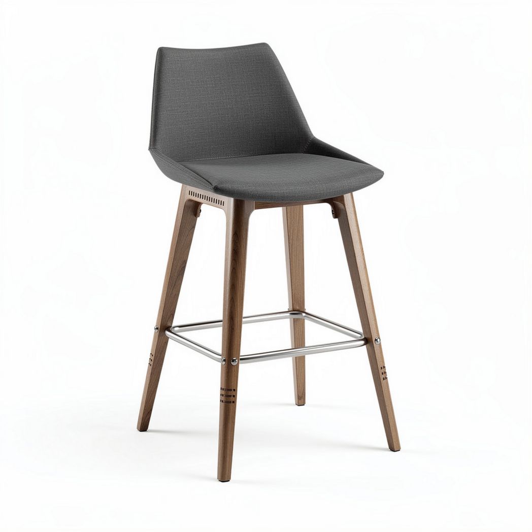 Gray fabric bar stool with wooden legs and metal footrest 45 x 45 x 100cm