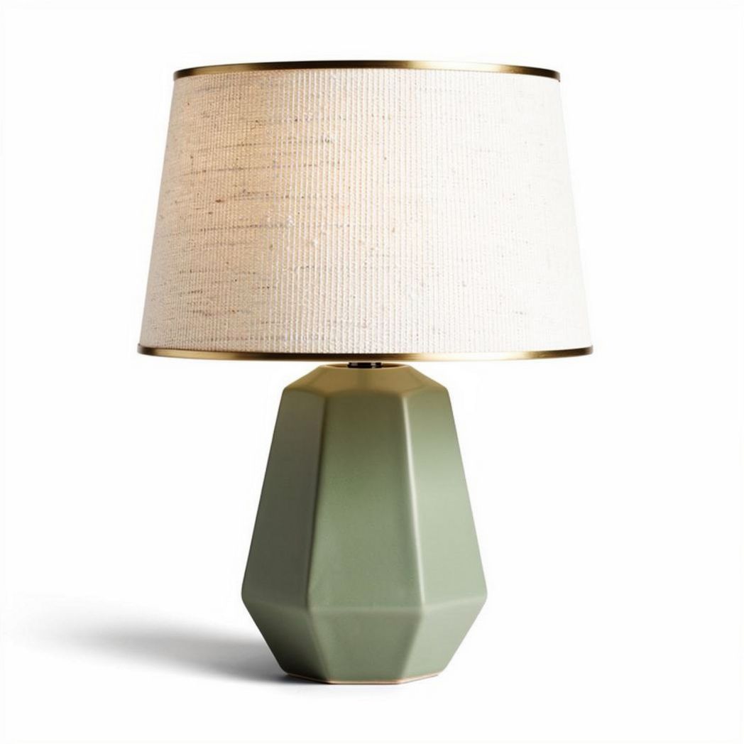 Geometric table lamp with fabric shade in green and white 20 x 20 x 40cm