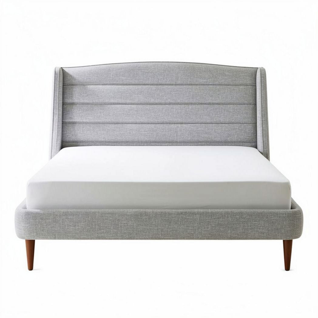 Upholstered bed frame in light gray fabric with mid-century modern legs 200 x 160 x 100cm