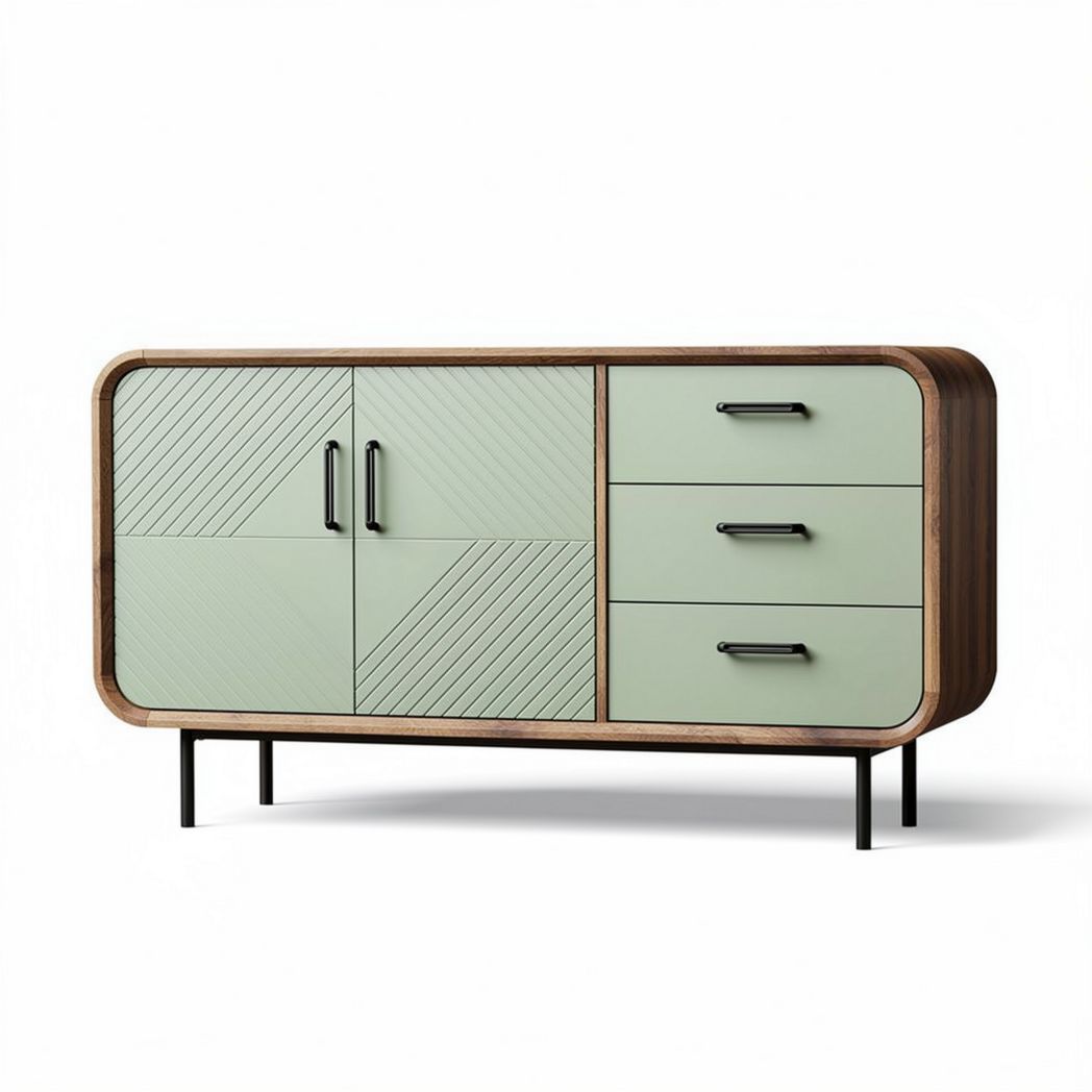 Modern sideboard cabinet with mint green doors and wood frame 150 x 40 x 80cm