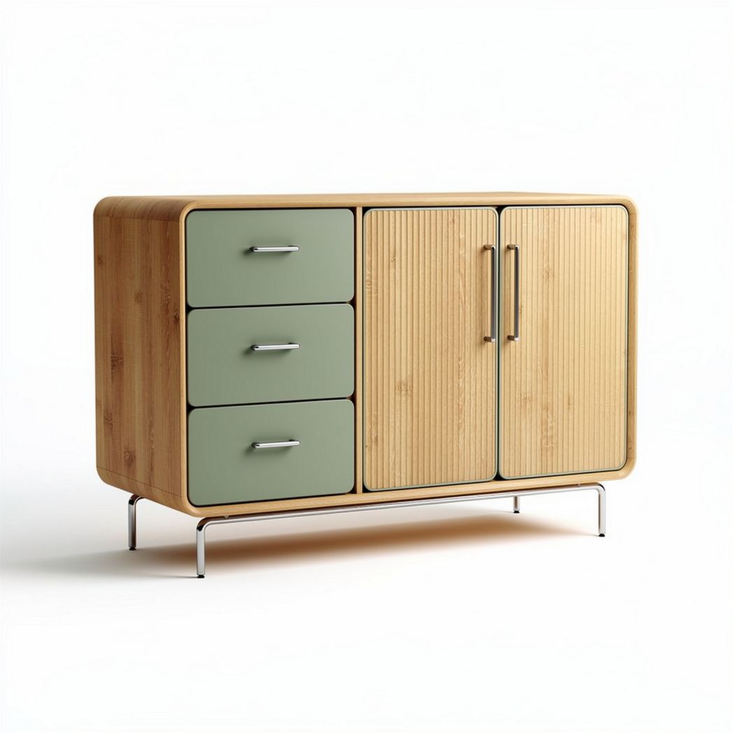 Bamboo sideboard with three drawers and two doors in green and natural wood