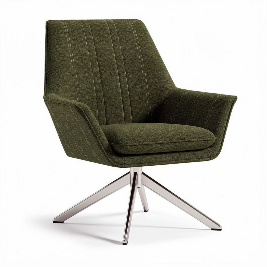 Fabric armchair in olive green with stainless steel base dimensions 70 x 70 x 85cm